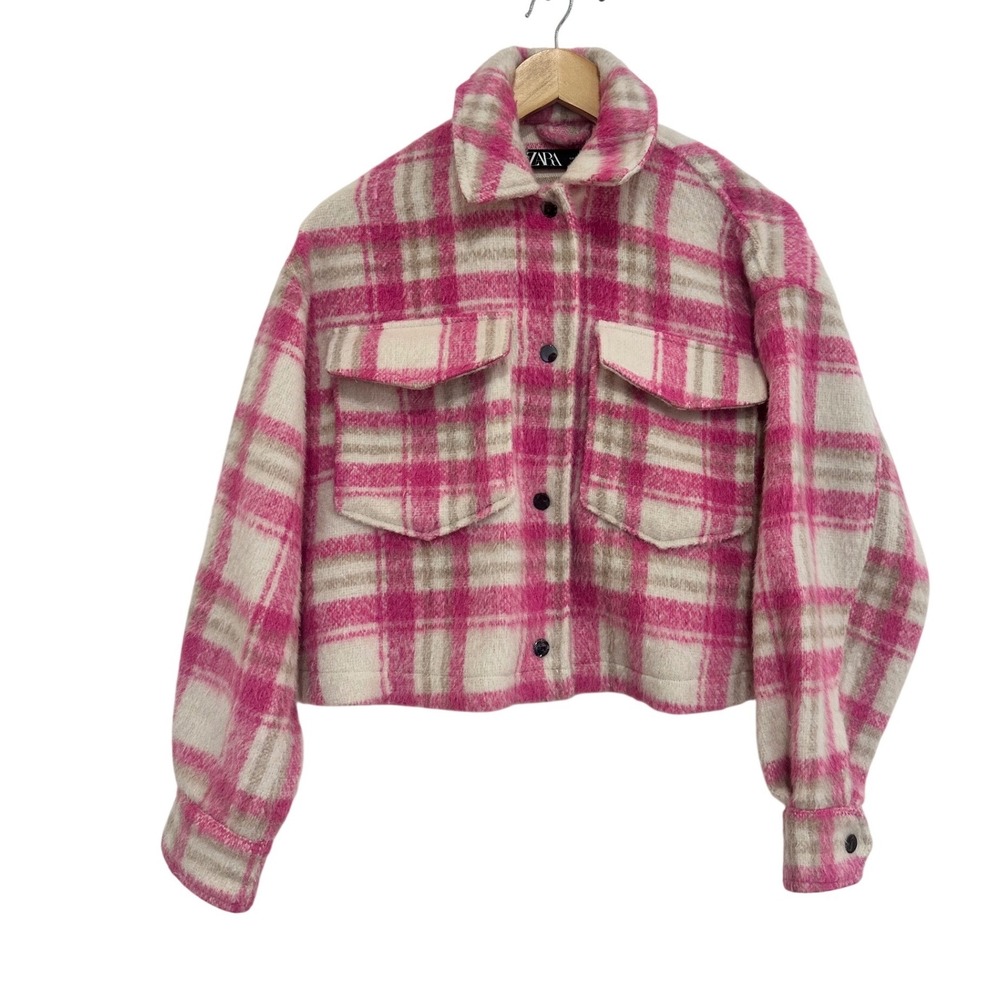 Zara Pink Plaid Cropped Shacket Jacket Size XS Fall Oversized